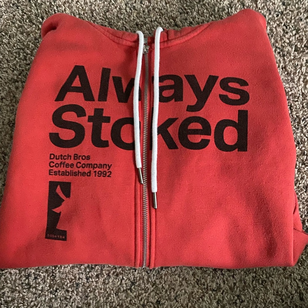 Red zip up Dutch bros jacket